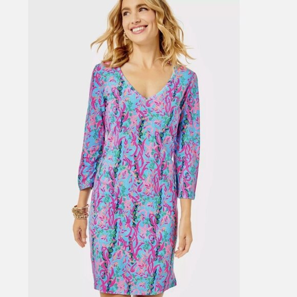 Lilly Pulitzer Tessa Multi Seaweed Samba Pima Knit V-Neck Shirt Dress  - XS - Picture 3 of 5